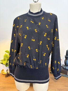 Spaner Navy Lemon Polka Dot Mock Neck Blouse Size L
